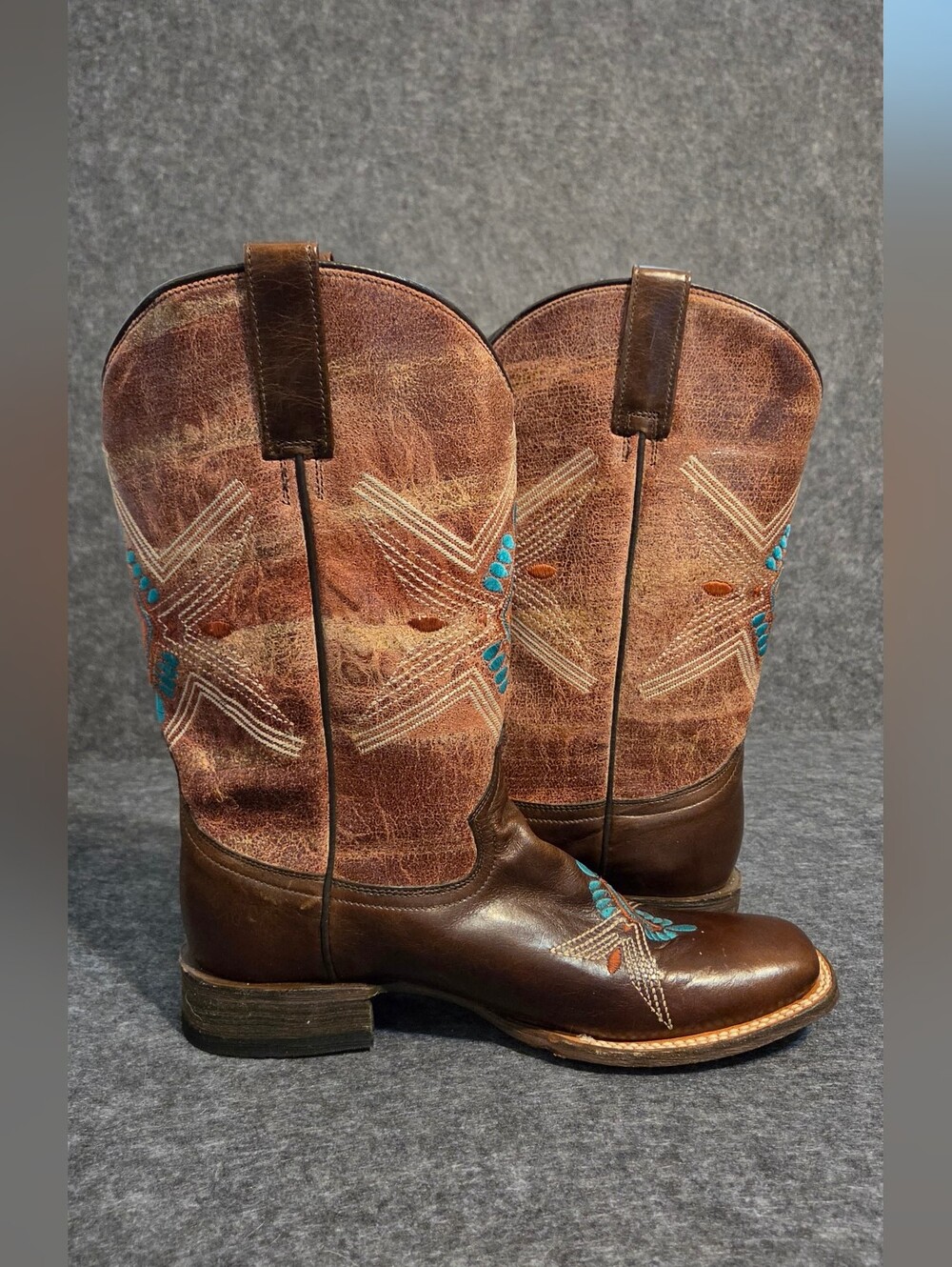 Roper Womens Brown Leather Western Boots Turquoise/Orange Embroidery Made Mexico - Picture 7 of 12